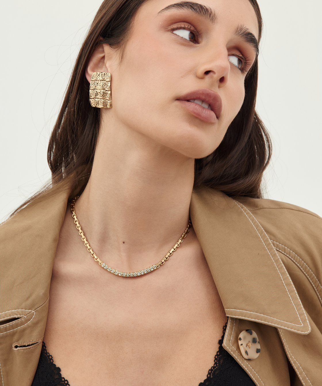 Nina Ricci 1980s Gold Crystal Bar Curb Chain Collar Necklace