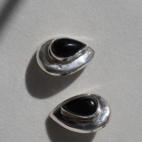 Taxco Mexico 1980's SterlingSilver & Black Onyx Teardrop Clip On Earrings