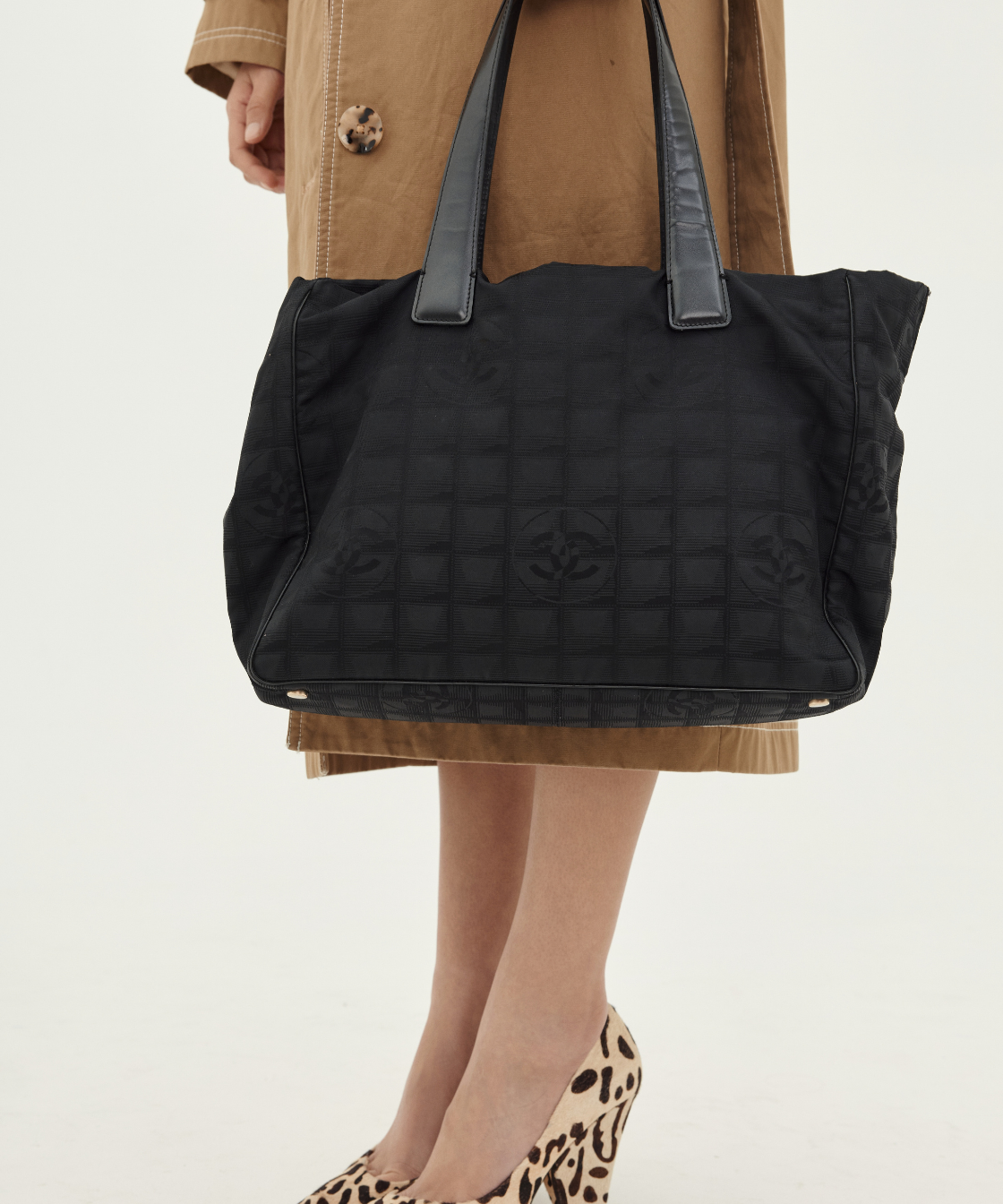 Chanel 2000s New Travel Line Black Nylon Jacquard Medium Tote Bag