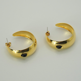Gold 1980s Black Cabochon Tapered Hoop Earrings