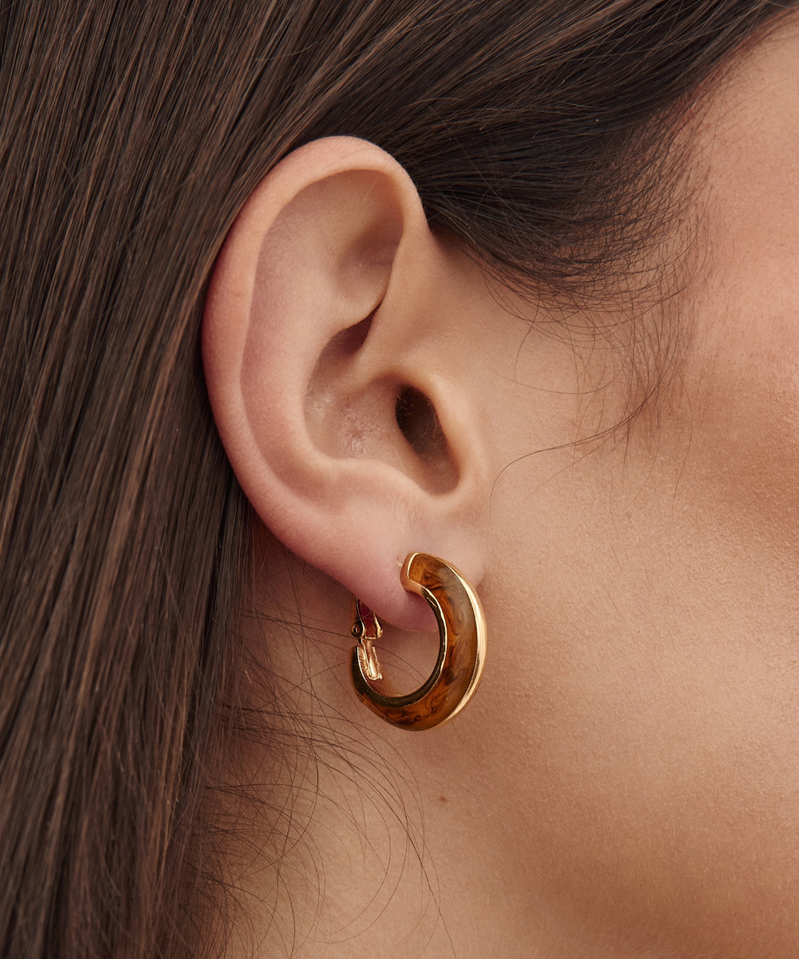 Givenchy 1970’s Gold Amber Marbled Enamel Hoop Clip-On Earrings