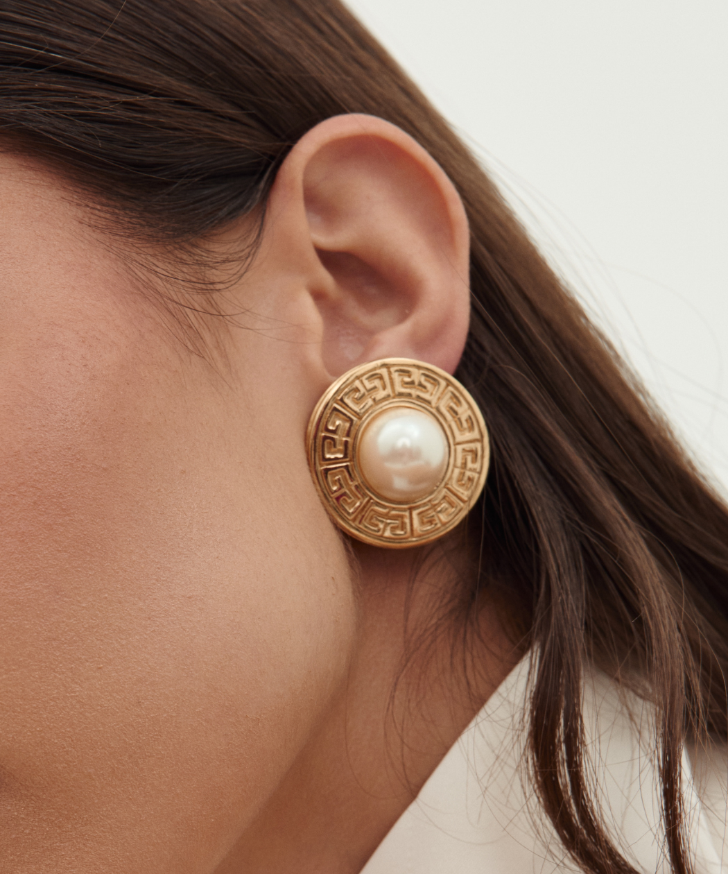 Givenchy 1980's Greek Key Faux Pearl Medallion Clip-On Earrings