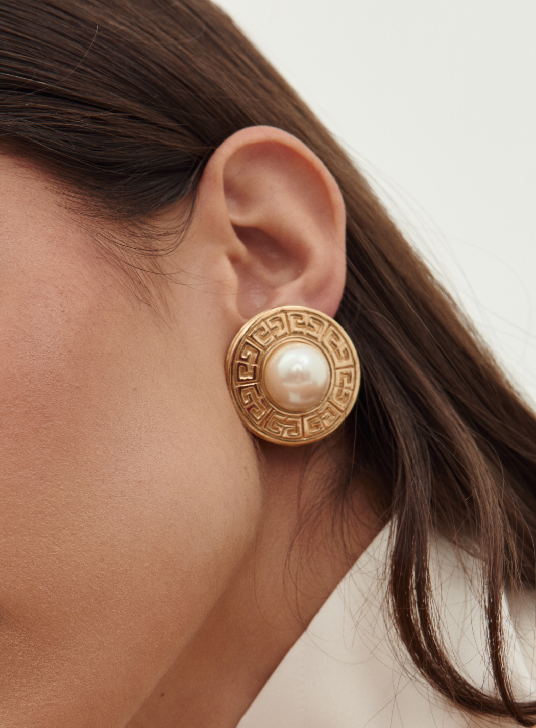 Givenchy 1980's Greek Key Faux Pearl Medallion Clip-On Earrings