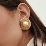 Givenchy 1980's Greek Key Faux Pearl Medallion Clip-On Earrings
