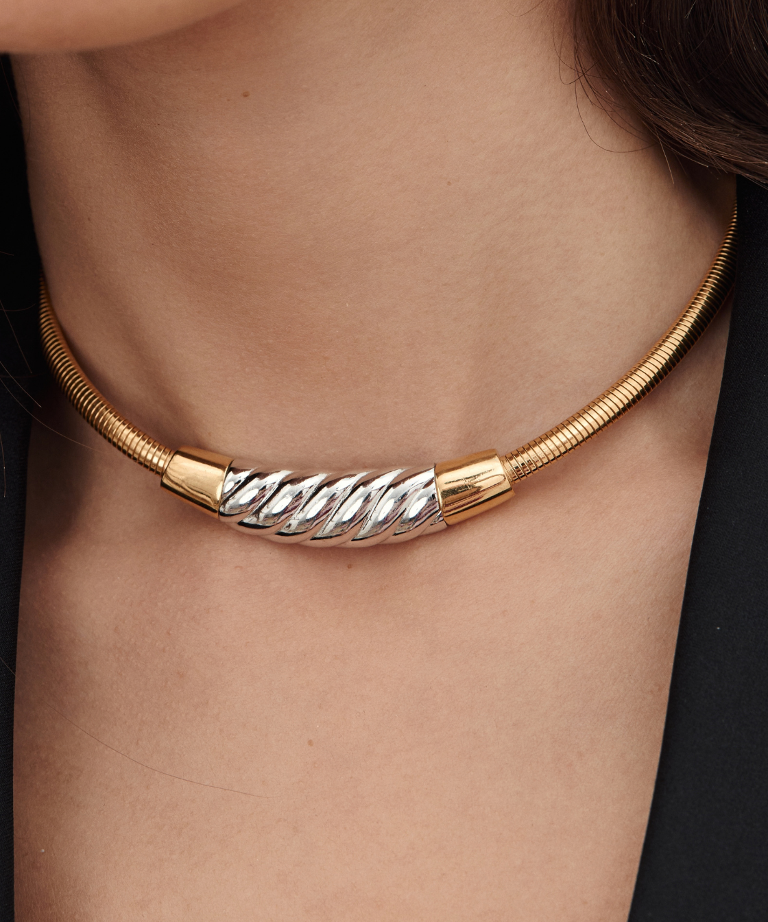 Givenchy 1970's Sculptural Two-Tone Tubogas Collar Necklace