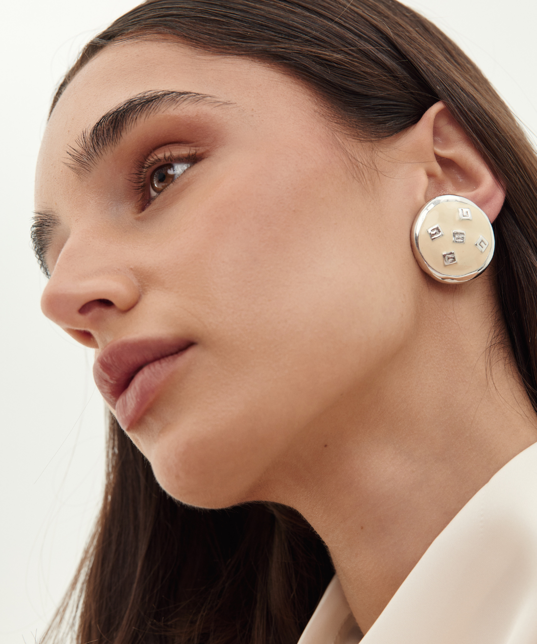 Givenchy 1980s–1990s Round White & Silver Tone Clip-On Earrings
