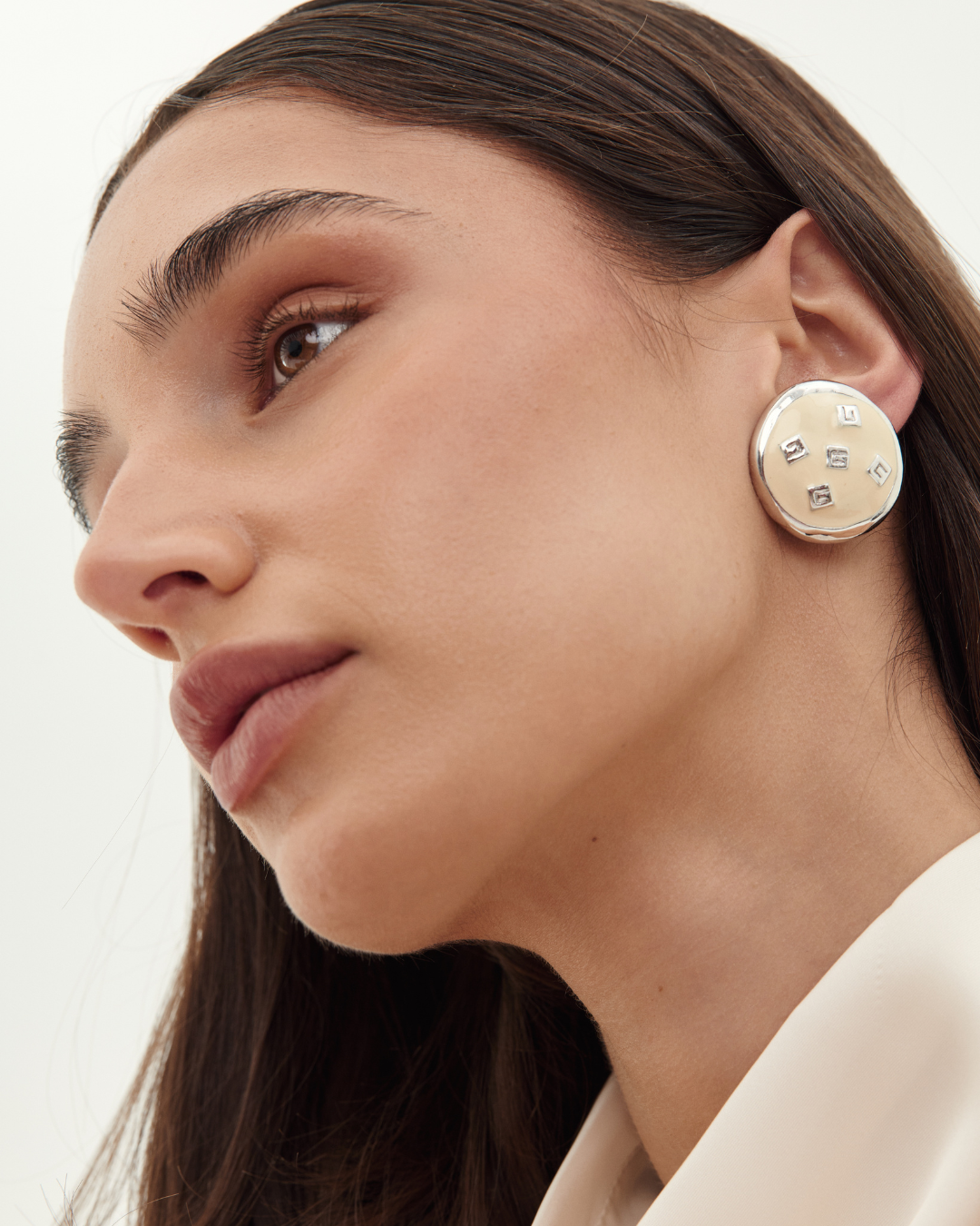 Givenchy 1980s–1990s Round White & Silver Tone Clip-On Earrings