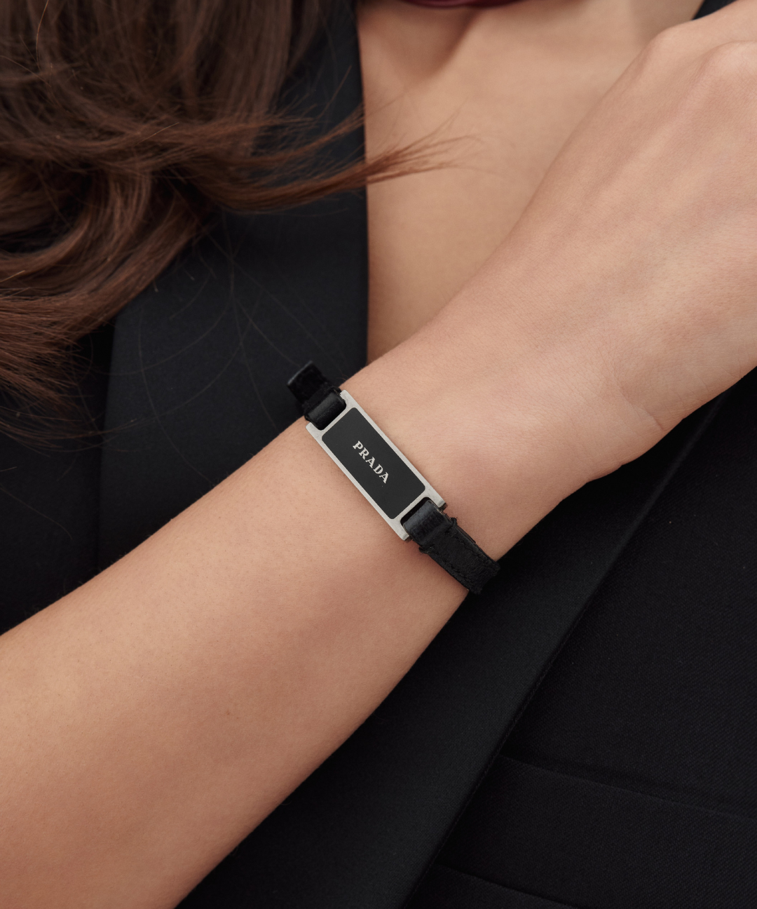 Prada 2000s Black Leather Bracelet With Minimalist Logo Plate