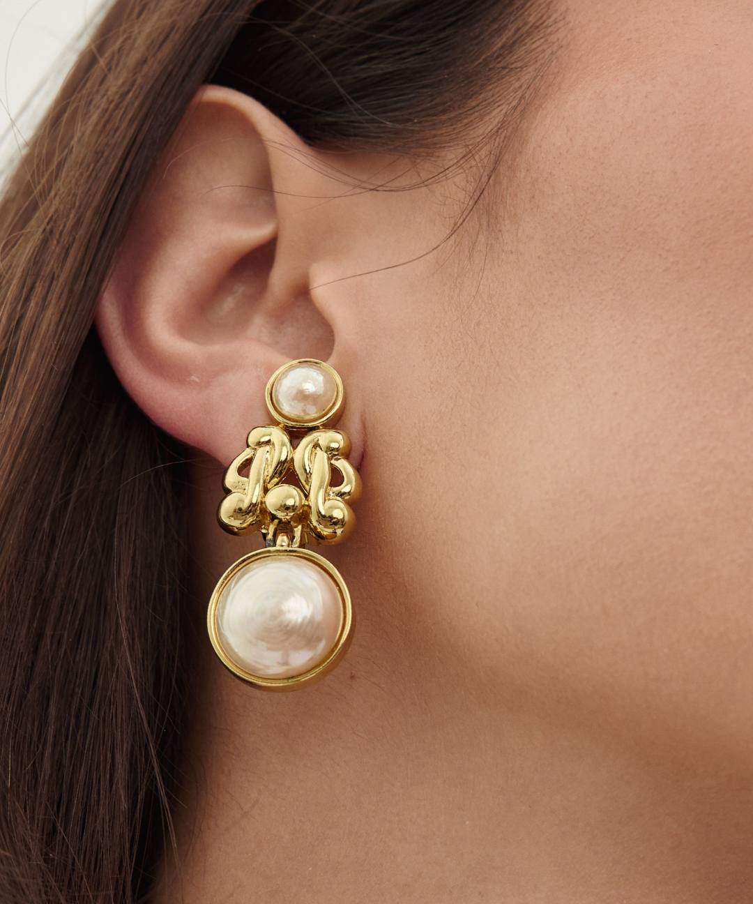 Nina Ricci 1980's -1990's Rare Gold Pearl Clip-On Earrings