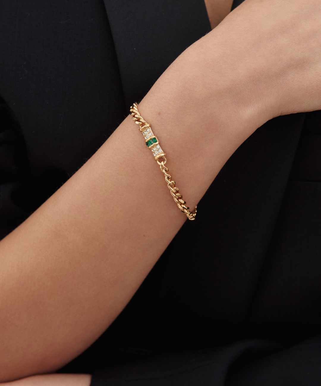 Christian Dior 1970's Rhinestones, Gold-Plated Curb Chain Bracelet