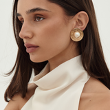 Givenchy 1980's Greek Key Faux Pearl Medallion Clip-On Earrings