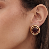 Nina Ricci Gold Plated Round Ruby Red Glass Cabochon Earrings