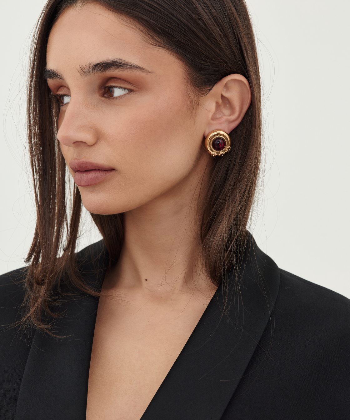 Nina Ricci Gold Plated Round Ruby Red Glass Cabochon Earrings