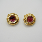 Nina Ricci Gold Plated Round Ruby Red Glass Cabochon Earrings
