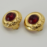 Nina Ricci Gold Plated Round Ruby Red Glass Cabochon Earrings