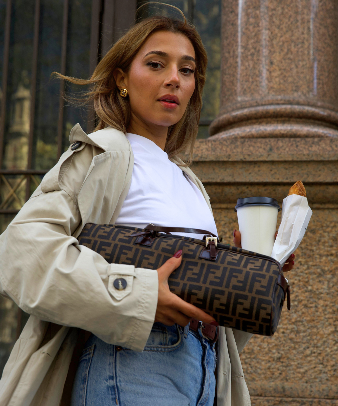 Fendi Tobacco Zucca Canvas & Leather East West Satchel Boston Bag