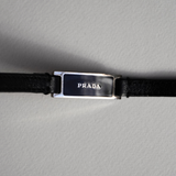 Prada 2000s Black Leather Bracelet With Minimalist Logo Plate