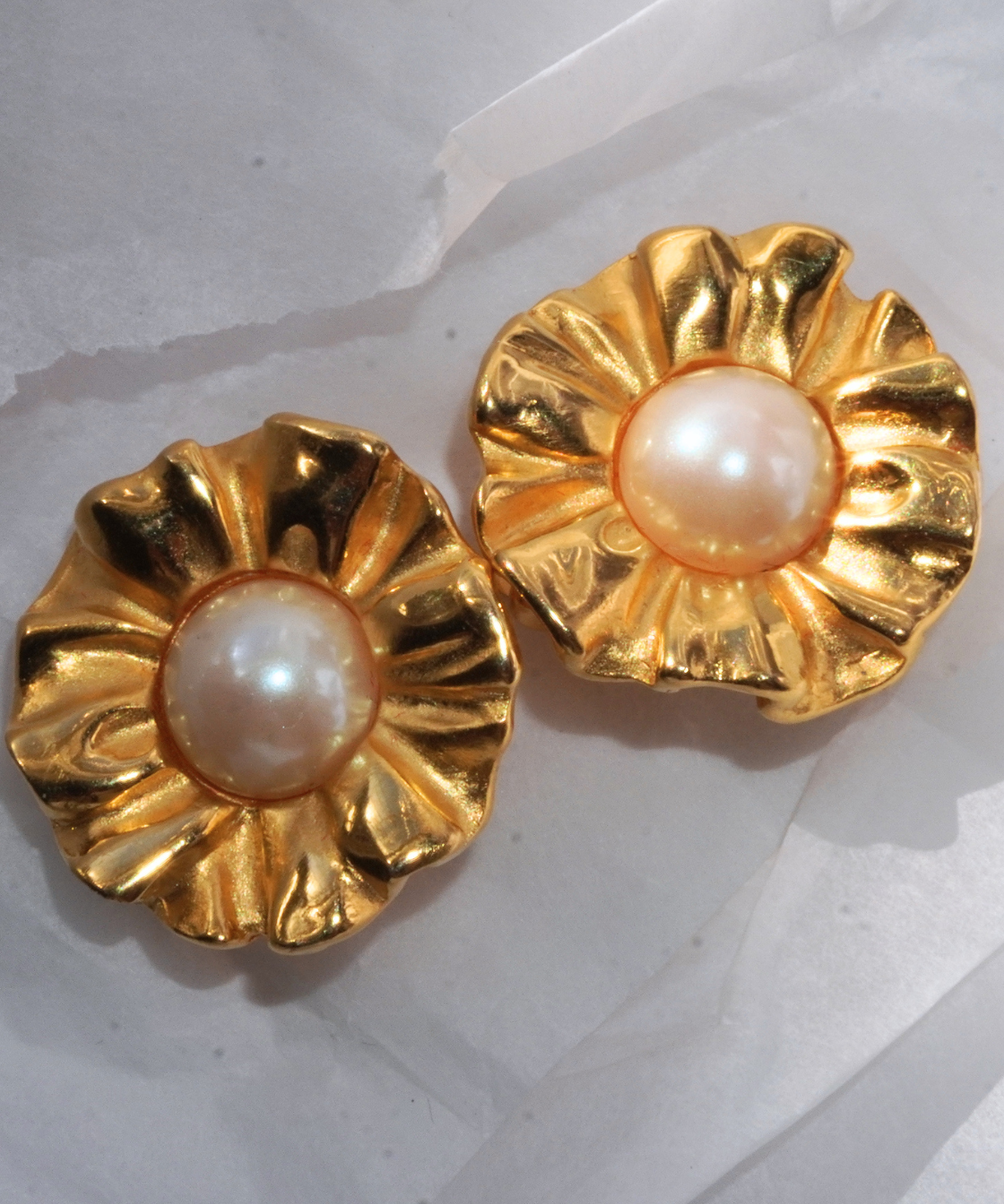 Givenchy 1980's Rare Gold Flower Pearl Cabochon Clip On Earrings