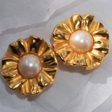 Givenchy 1980's Rare Gold Flower Pearl Cabochon Clip On Earrings