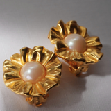 Givenchy 1980's Rare Gold Flower Pearl Cabochon Clip On Earrings