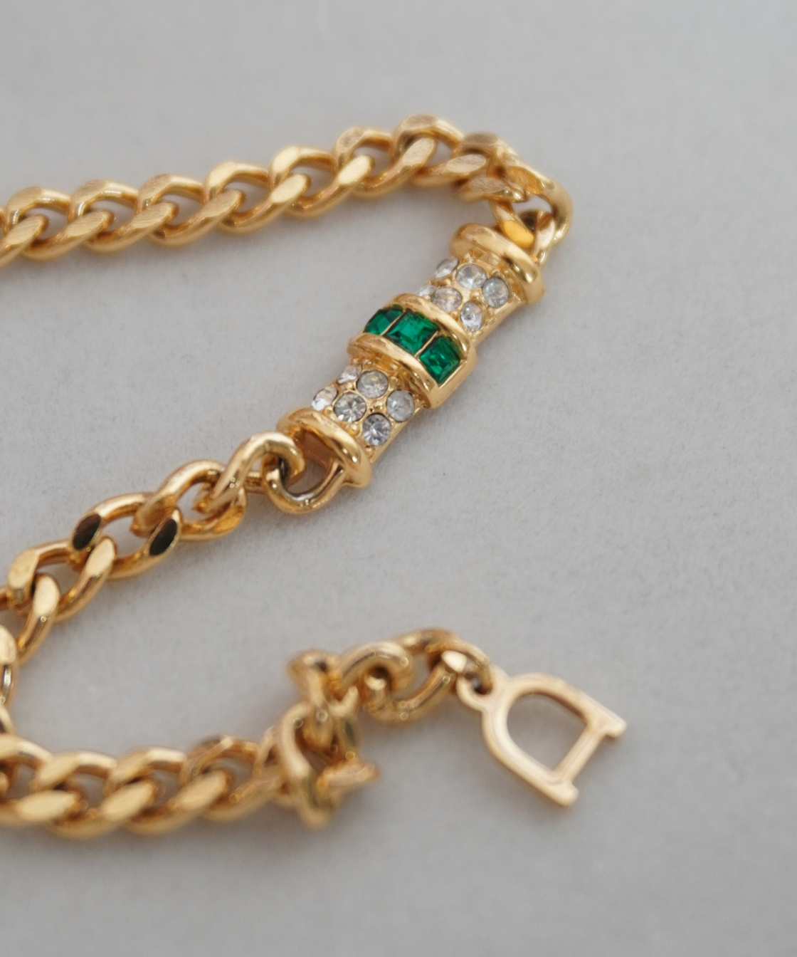 Christian Dior 1970's Rhinestones, Gold-Plated Curb Chain Bracelet